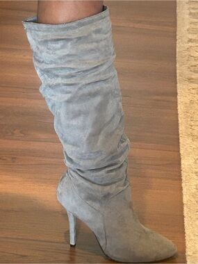 JLO Women's Gray Slouchy Faux Suede Knee-High Stiletto Boot-No Box